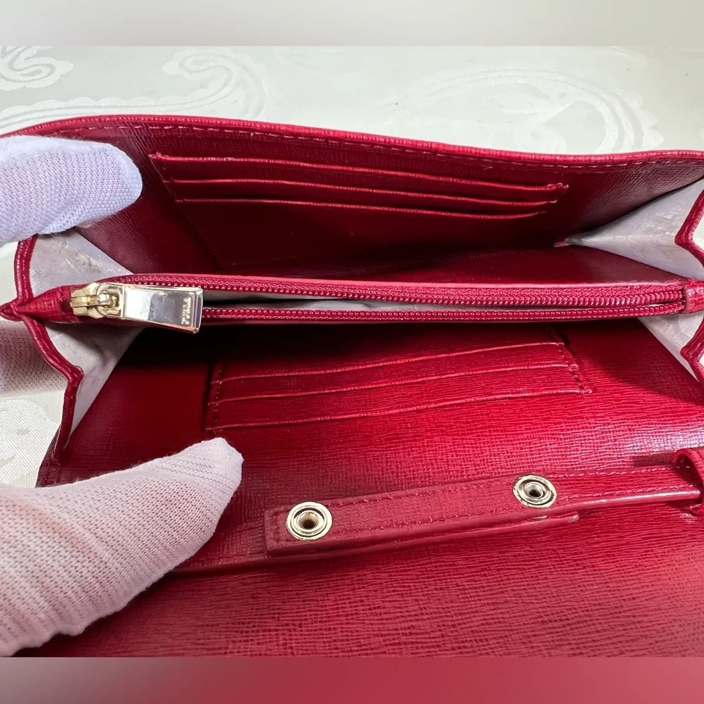 Furla Red Pebbled Leather Wallet on Chain Crossbody Clutch